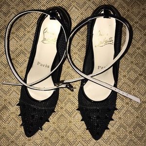 New Red Bottom Black Mesh Rivet Ankle Strap Pumps